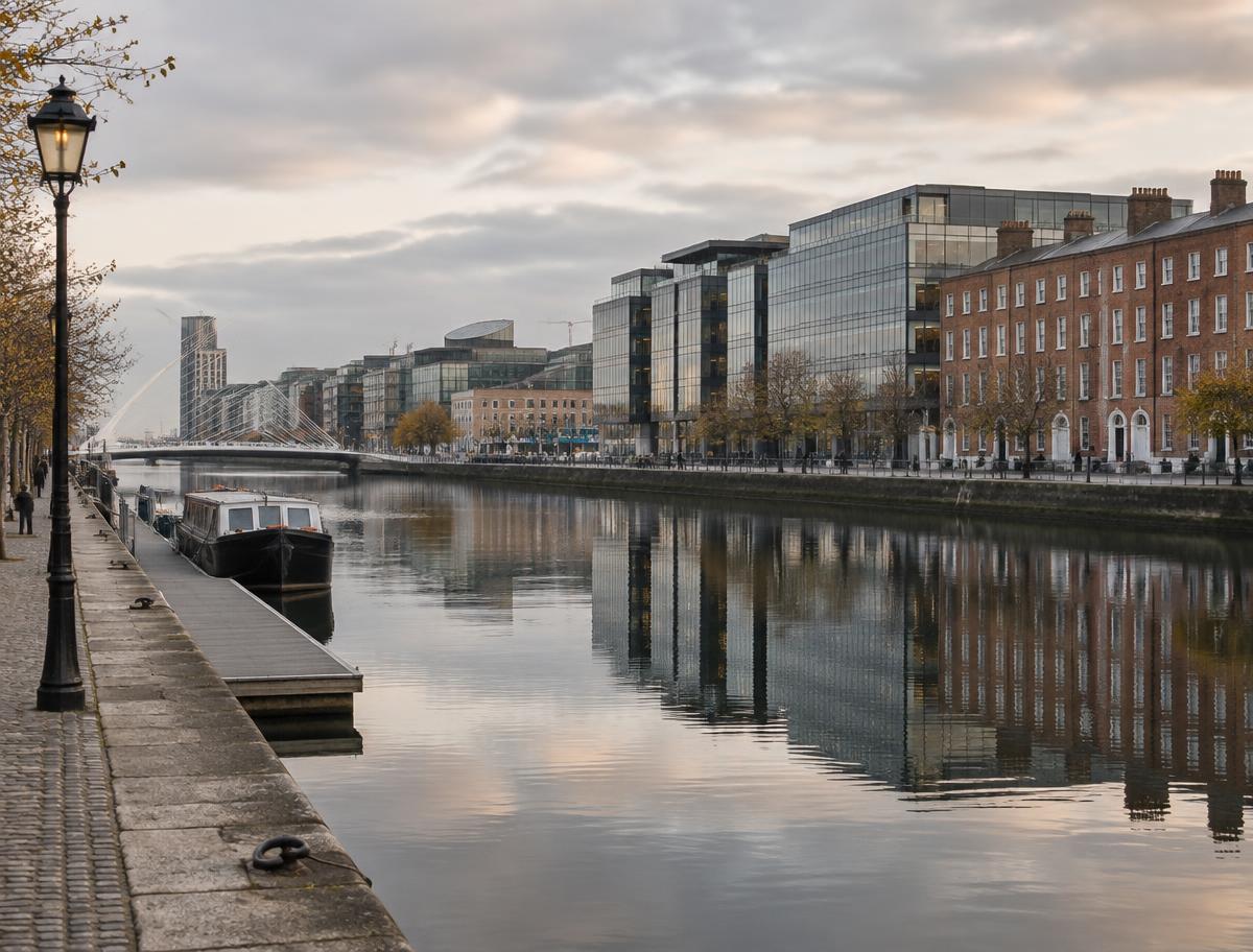 Dublin waterfront with offices along the river